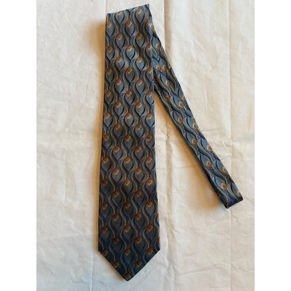 Kolte Italy Mens Silk Necktie Blue Gold Orange Geometric Wavy Diamond Pattern